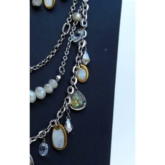 Ann Taylor Loft Silver Tone Multistrand Necklace w/ Faux Labradorite MOP & Cryst - Picture 4 of 5